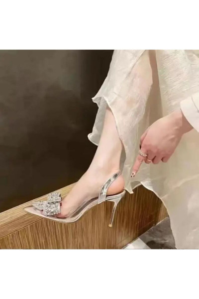 Kadın prenses gümüş taşlı fiyonklu stiletto, Galvaniz topuklu Sivri burunlu sandalet ayakkabı Kadın prenses gümüş taşlı fiyonklu stiletto, Galvaniz topuklu Sivri burunlu sandalet ayakkabı