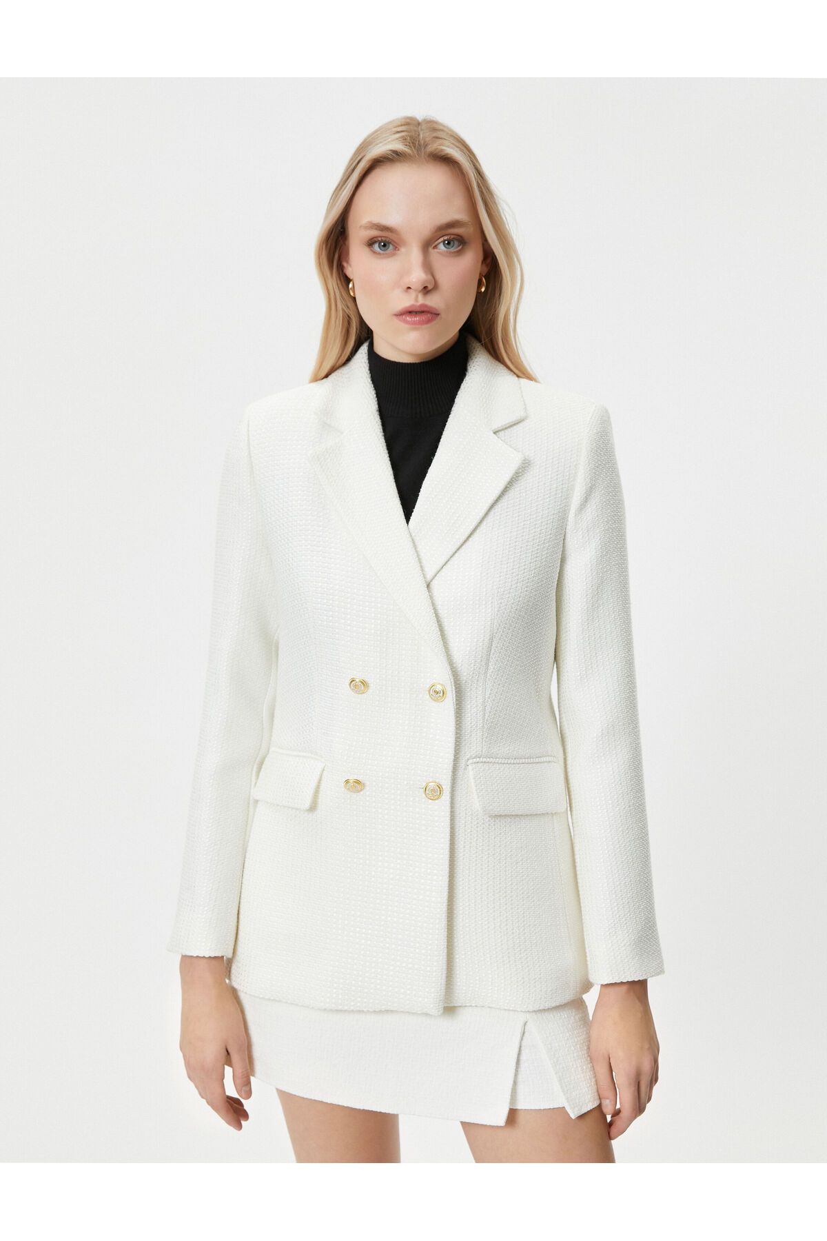 Tüvit Blazer Ceket Kruvaze Düğmeli Cepli Tüvit Blazer Ceket Kruvaze Düğmeli Cepli