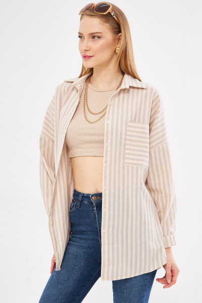 Kadın Vizon Çizgili Uzun Kol Cep Detaylı Pileli Oversize Gömlek ARM-24Y001057 Kadın Vizon Çizgili Uzun Kol Cep Detaylı Pileli Oversize Gömlek ARM-24Y001057