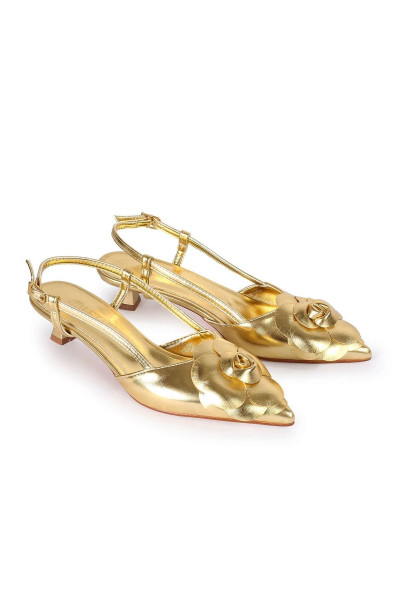Rosi Gül Detaylı Gold Topuklu Ayakkabı