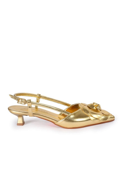 Rosi Gül Detaylı Gold Topuklu Ayakkabı
