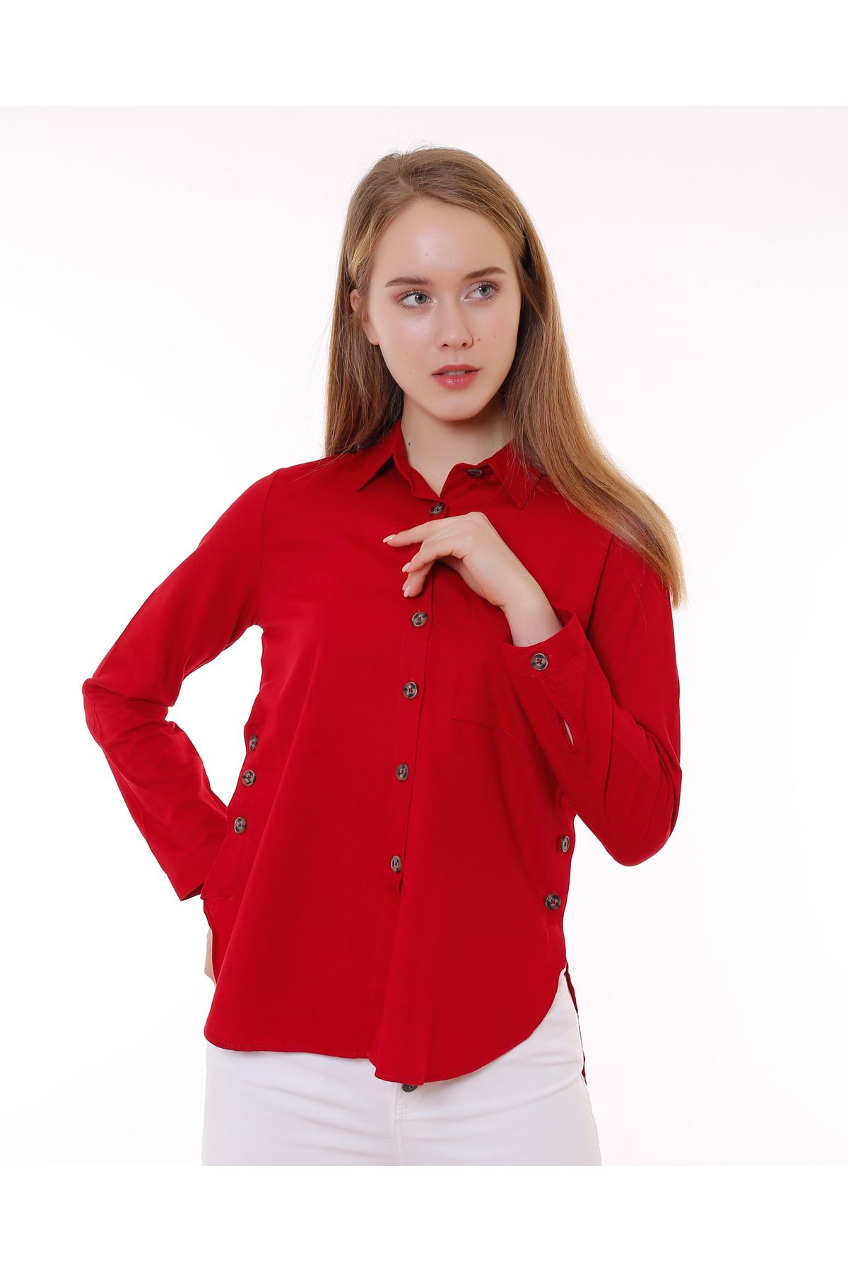 Yanlardan Düğmeli Viskonlu Gömlek