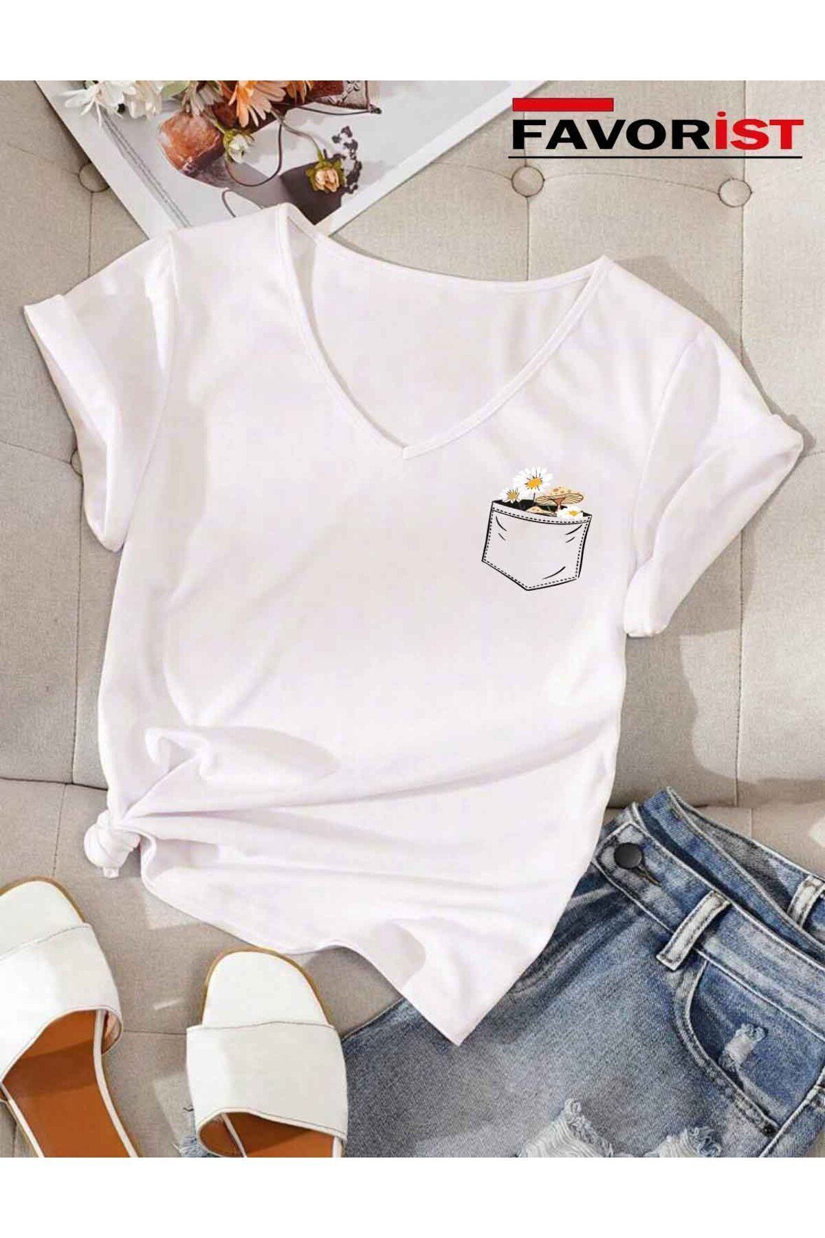 V Yaka Basic Çiçek Baskılı Pamuklu Tshirt (normal Kalıp) V Yaka Basic Çiçek Baskılı Pamuklu Tshirt (normal Kalıp)