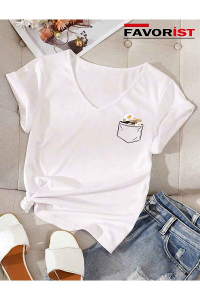 V Yaka Basic Çiçek Baskılı Pamuklu Tshirt (normal Kalıp) V Yaka Basic Çiçek Baskılı Pamuklu Tshirt (normal Kalıp)