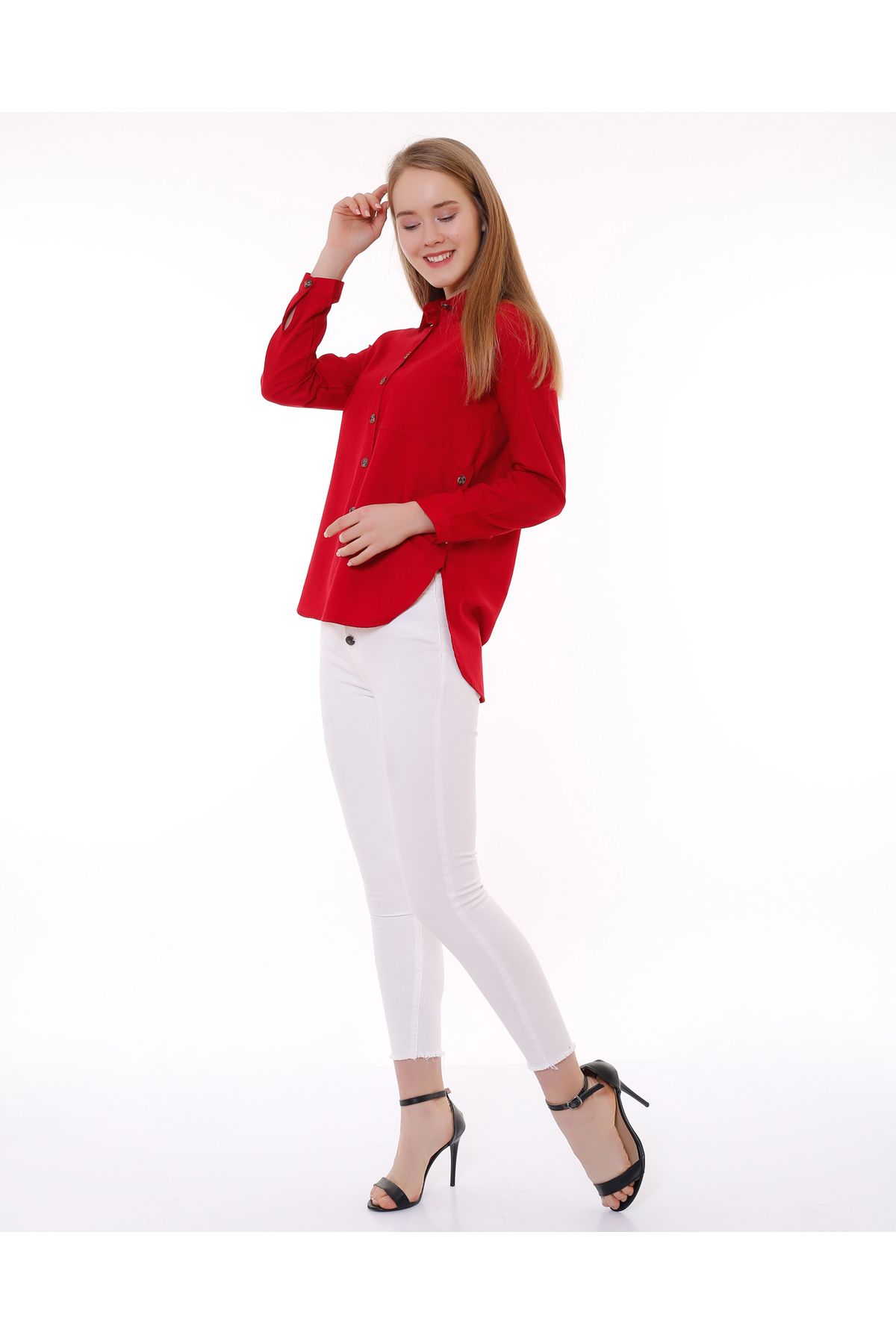 Yanlardan Düğmeli Viskonlu Gömlek