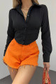Kadın Siyah Beli Lastikli Korse Crop Gömlek Kadın Siyah Beli Lastikli Korse Crop Gömlek
