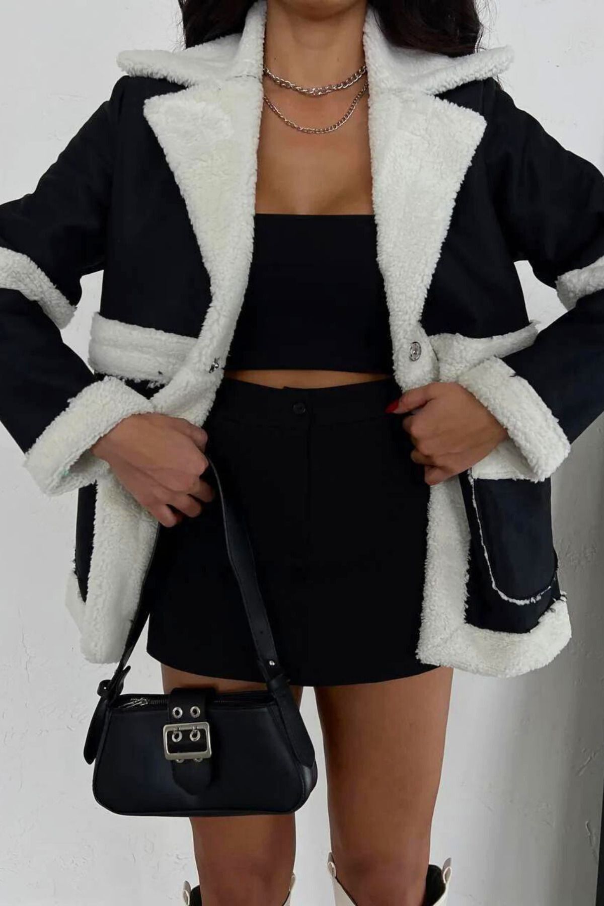 Kadın Siyah Premium Tasarım içi Peluş süet Mont