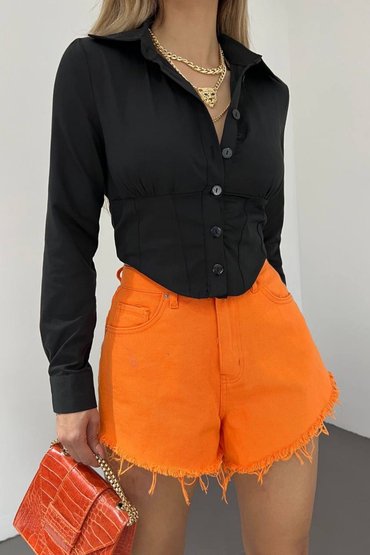 Kadın Siyah Beli Lastikli Korse Crop Gömlek Kadın Siyah Beli Lastikli Korse Crop Gömlek