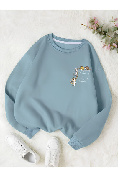 Kadın Renkli Cat Özel Göğüs Baskılı Oversize Bisiklet Yaka Sweatshirt Kadın Renkli Cat Özel Göğüs Baskılı Oversize Bisiklet Yaka Sweatshirt