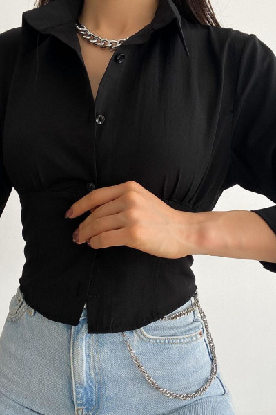 Kadın Siyah Beli Lastikli Korse Crop Gömlek Kadın Siyah Beli Lastikli Korse Crop Gömlek