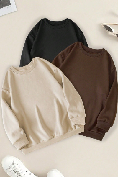 Unisex 3'lü Kahve Siyah Bej Bisiklet Yaka Oversize Sweatshirt