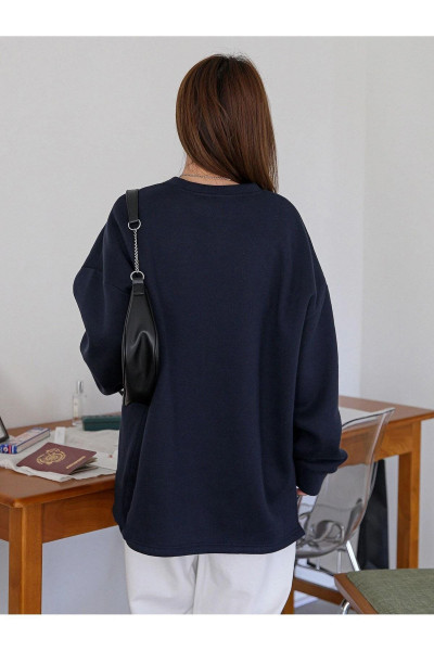 Work Life Balance Sweatshirt - Lacivert Baskılı Oversize Şardonlu Bisiklet Yaka Work Life Balance Sweatshirt - Lacivert Baskılı Oversize Şardonlu Bisiklet Yaka