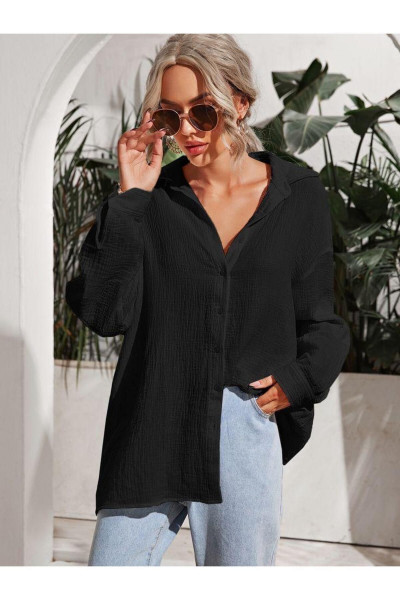 Kadın Siyah Oversize Bürümcük Kumaş Gömlek Kadın Siyah Oversize Bürümcük Kumaş Gömlek