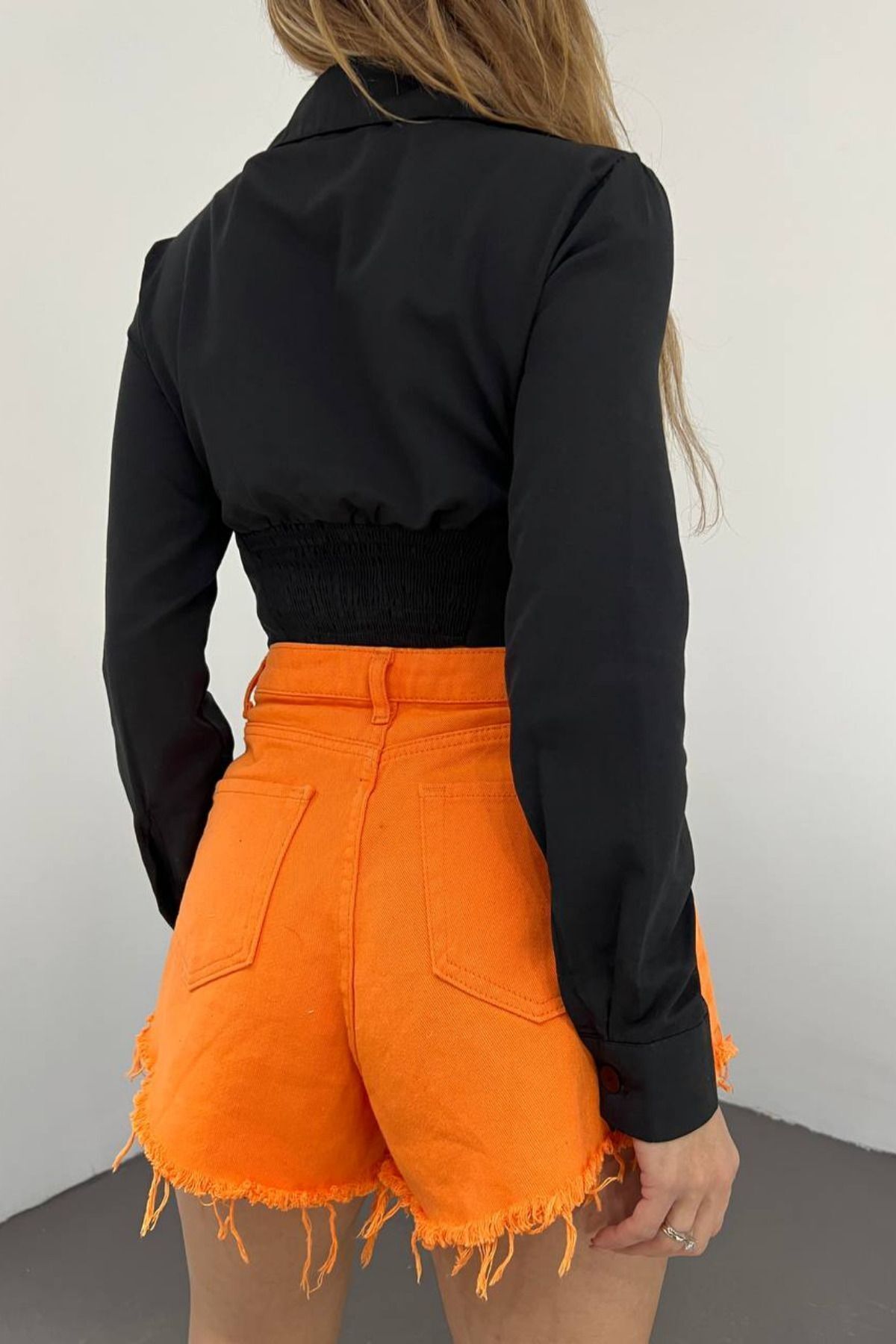 Kadın Siyah Beli Lastikli Korse Crop Gömlek Kadın Siyah Beli Lastikli Korse Crop Gömlek