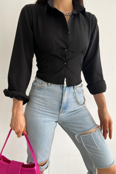 Kadın Siyah Beli Lastikli Korse Crop Gömlek Kadın Siyah Beli Lastikli Korse Crop Gömlek