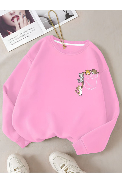 Kadın Renkli Cat Özel Göğüs Baskılı Oversize Bisiklet Yaka Sweatshirt Kadın Renkli Cat Özel Göğüs Baskılı Oversize Bisiklet Yaka Sweatshirt