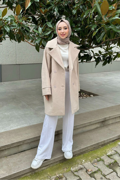 Oversize Astarlı Düğme Detaylı Kaban - Bej Oversize Astarlı Düğme Detaylı Kaban - Bej