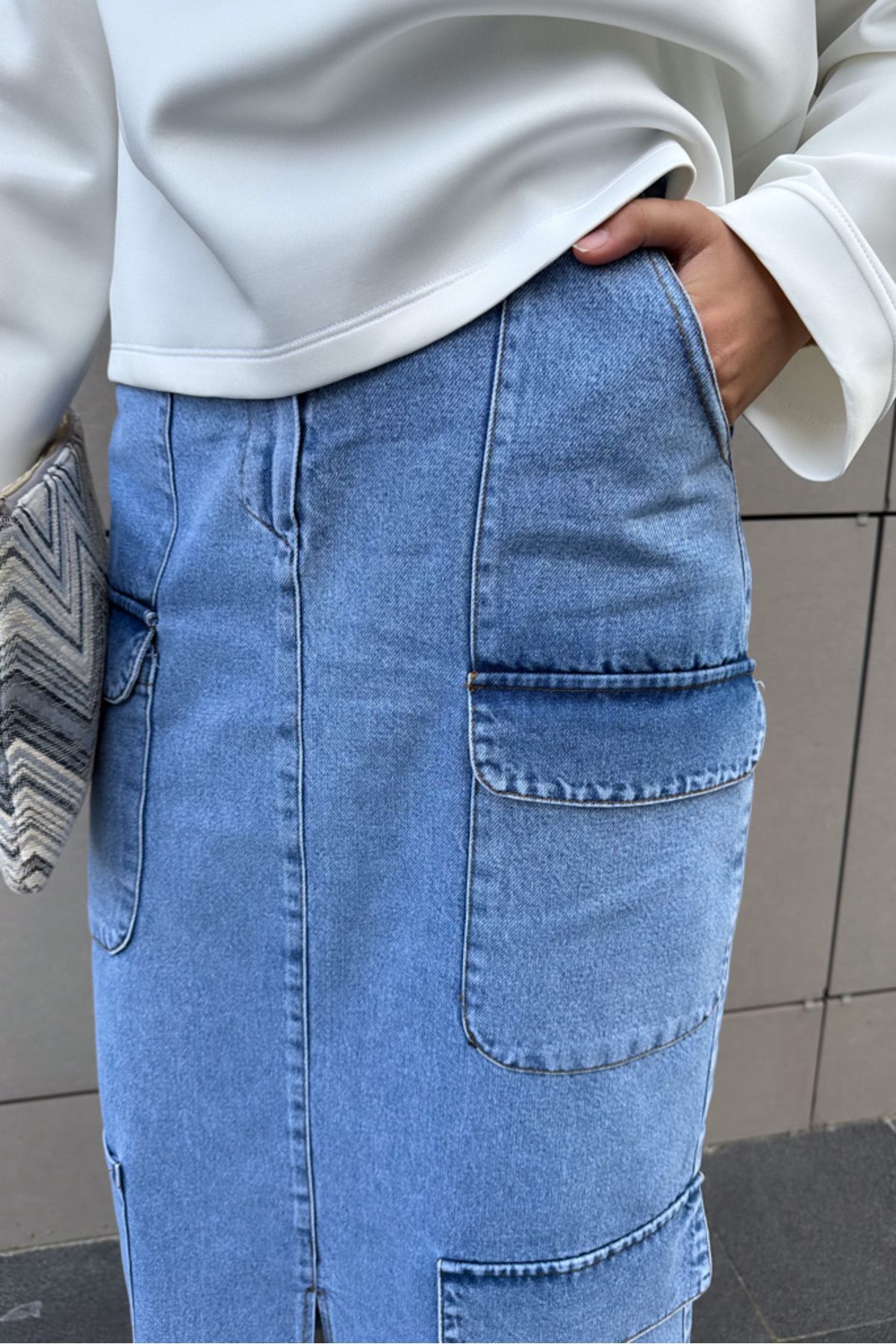 Kargo Cepli Denim Etek - Mavi Kargo Cepli Denim Etek - Mavi