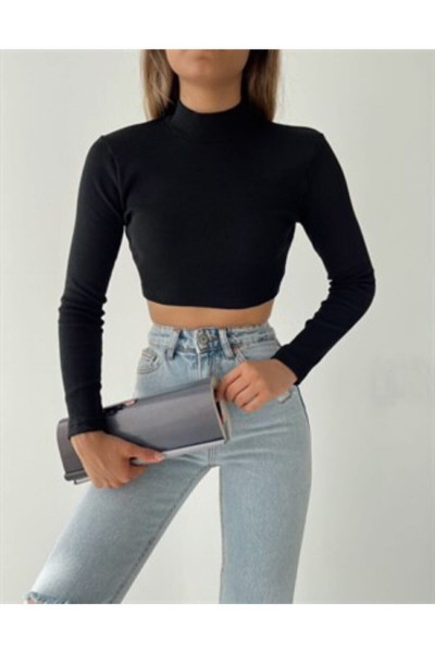 Kadın Siyah Fitilli Yarım Balıkçı Yaka Kaşkorse Crop Bluz Kadın Siyah Fitilli Yarım Balıkçı Yaka Kaşkorse Crop Bluz