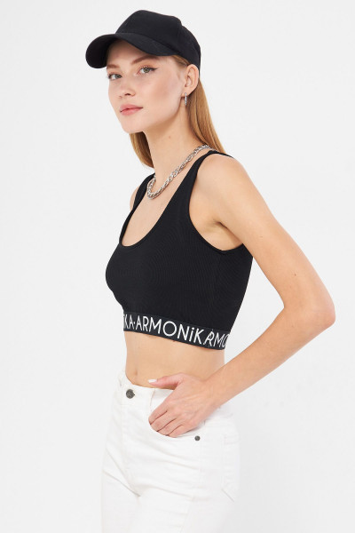 Kadın Siyah Beli Lastik Detaylı Crop Bluz ARM-24Y001104