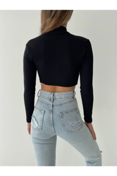 Kadın Siyah Fitilli Yarım Balıkçı Yaka Kaşkorse Crop Bluz Kadın Siyah Fitilli Yarım Balıkçı Yaka Kaşkorse Crop Bluz
