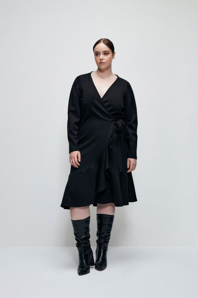 V Yaka Beli Bağlamalı Volanlı Elbise