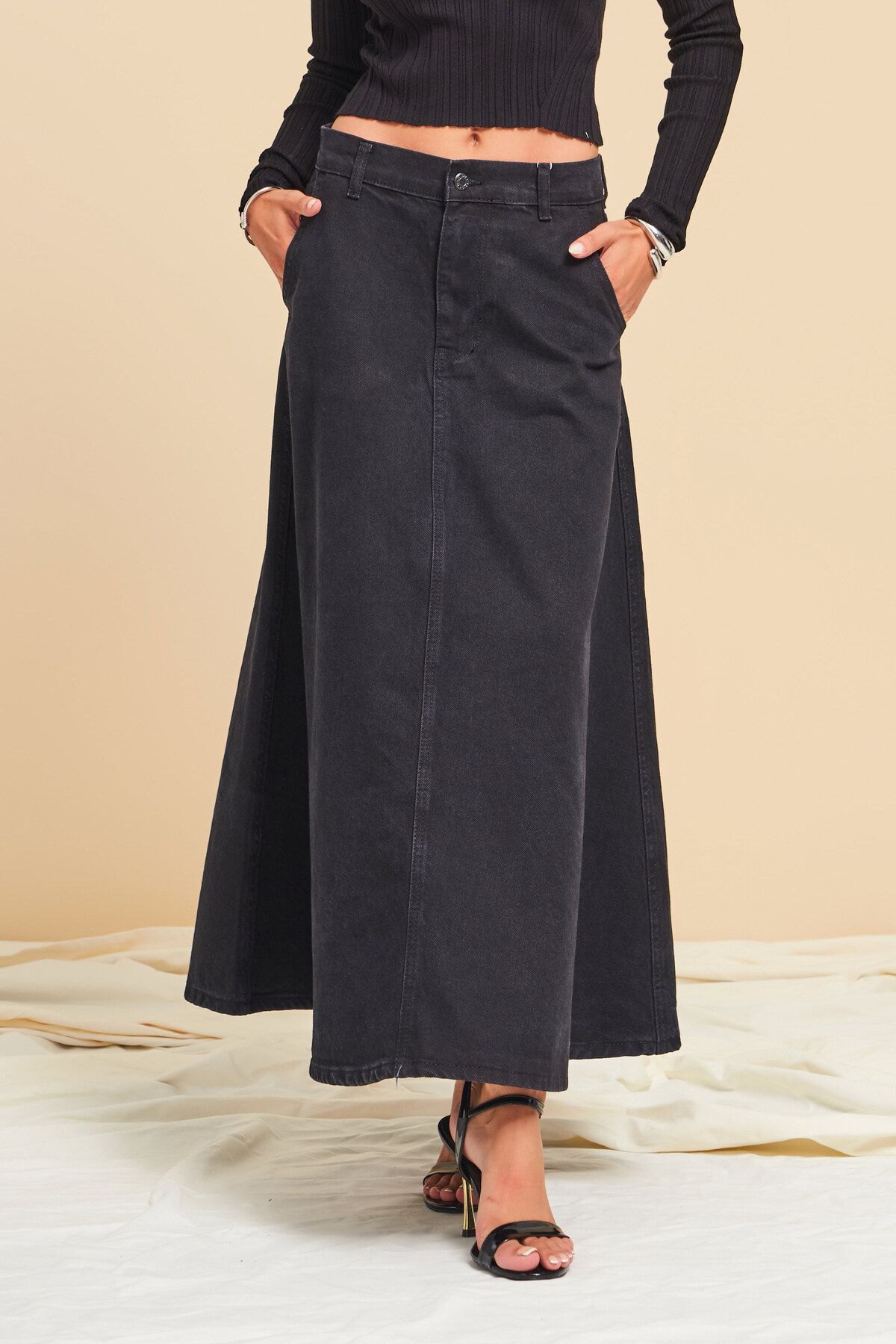 Kadın Siyah Black Od Renk A Tipi Kesim Denim Etek Kadın Siyah Black Od Renk A Tipi Kesim Denim Etek