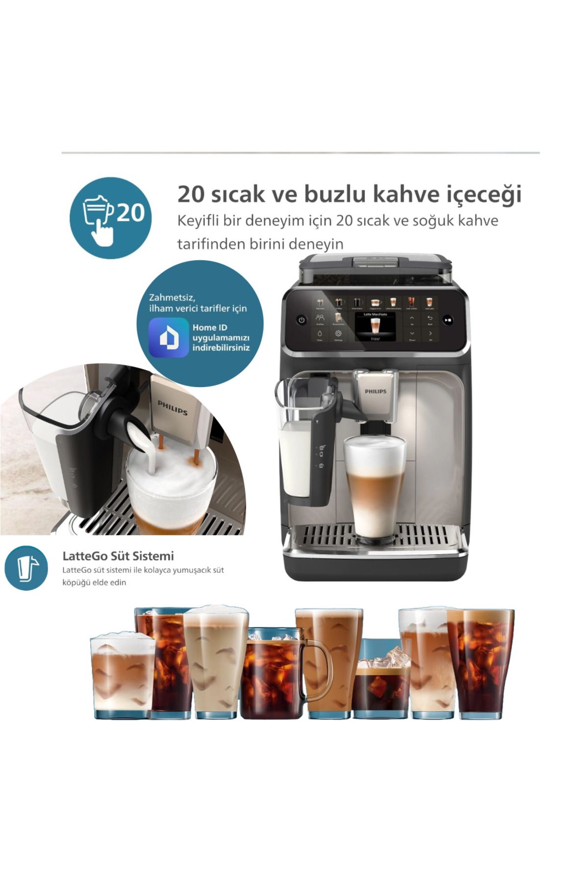 Premium Yeni Seri Tam Otomatik LatteGo Espresso Makinesi, 20 Sıcak ve Soğuk İçecek Seçeneği Premium Yeni Seri Tam Otomatik LatteGo Espresso Makinesi, 20 Sıcak ve Soğuk İçecek Seçeneği