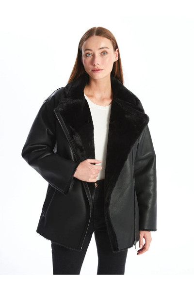 LCWAIKIKI Classic Kadın Biker Yaka Düz Deri Görünümlü Mont LCWAIKIKI Classic Kadın Biker Yaka Düz Deri Görünümlü Mont