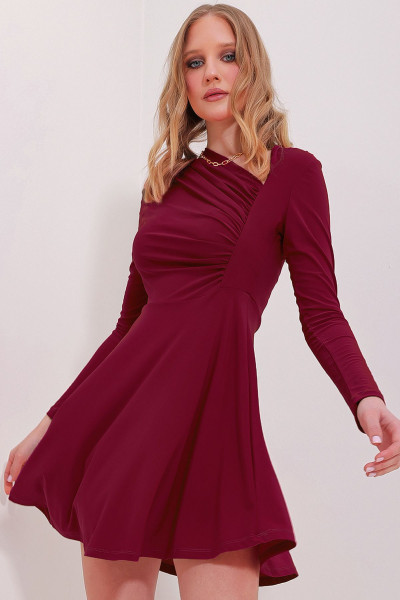 Kadın Violet Asimetrik Yaka Drapeli Sandy Kloş Elbise ALC-X11496