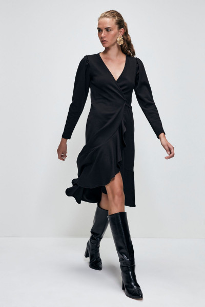 V Yaka Beli Bağlamalı Volanlı Elbise