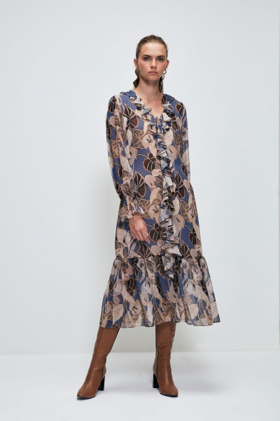 Volanlı Desenli Midi Elbise Volanlı Desenli Midi Elbise