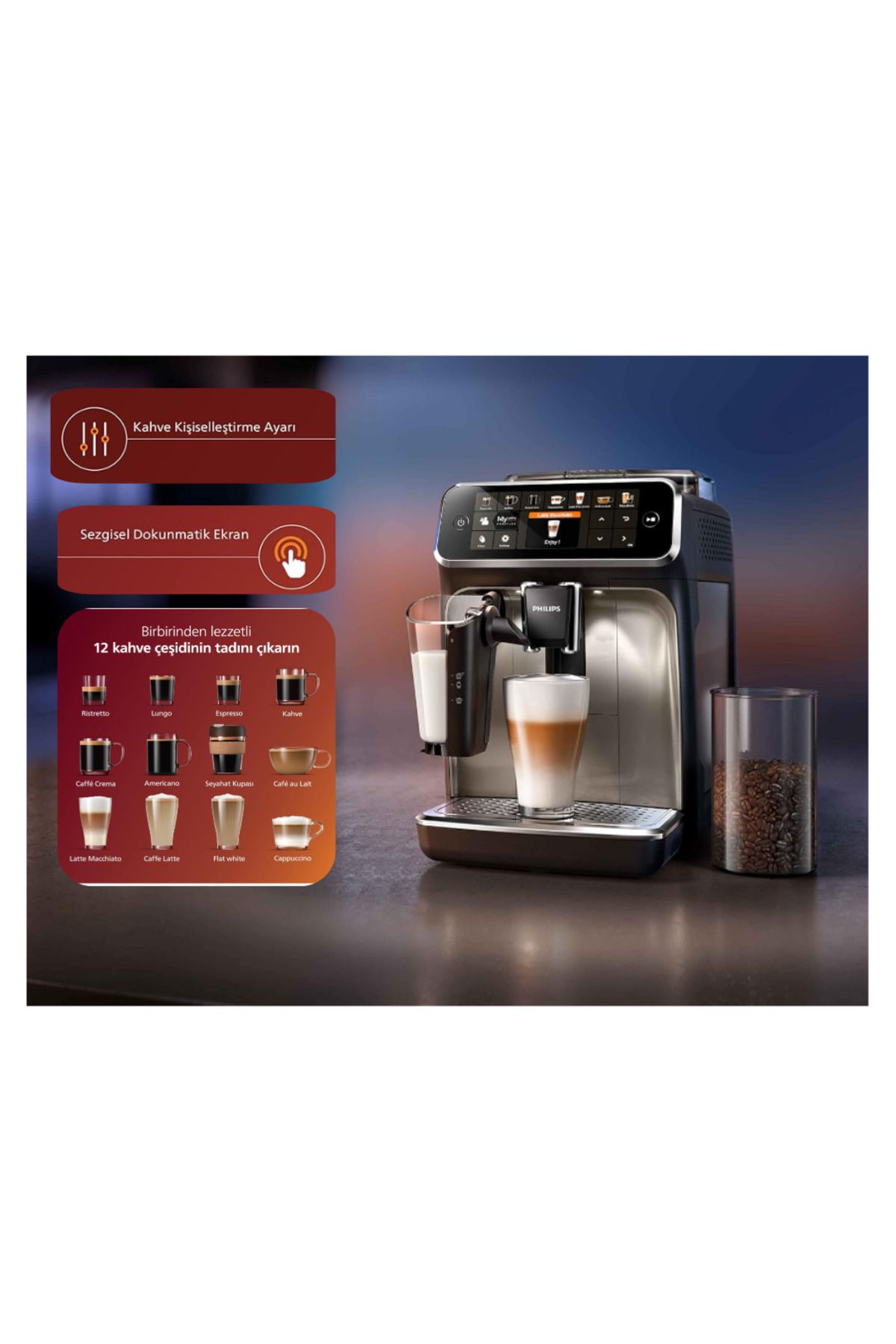 Premium Tam Otomatik, Espresso, Makinesi, Paslanmaz Çelik, 12 Farklı Kahve Seçeneği Premium Tam Otomatik, Espresso, Makinesi, Paslanmaz Çelik, 12 Farklı Kahve Seçeneği