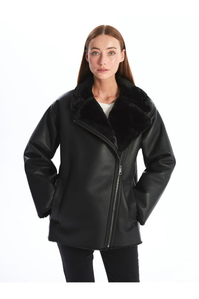 LCWAIKIKI Classic Kadın Biker Yaka Düz Deri Görünümlü Mont LCWAIKIKI Classic Kadın Biker Yaka Düz Deri Görünümlü Mont