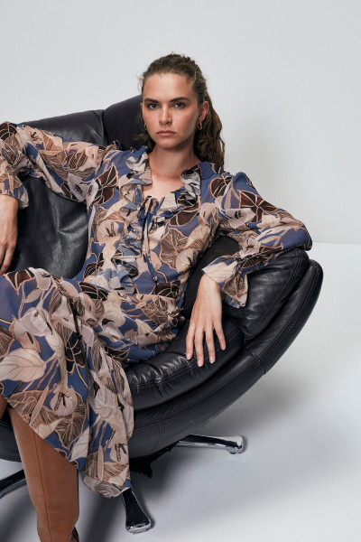 Volanlı Desenli Midi Elbise