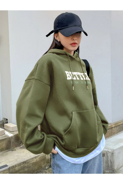Kadın Yeşil Better Baskılı Oversize Kapüşonlu Sweatshirt Kadın Yeşil Better Baskılı Oversize Kapüşonlu Sweatshirt