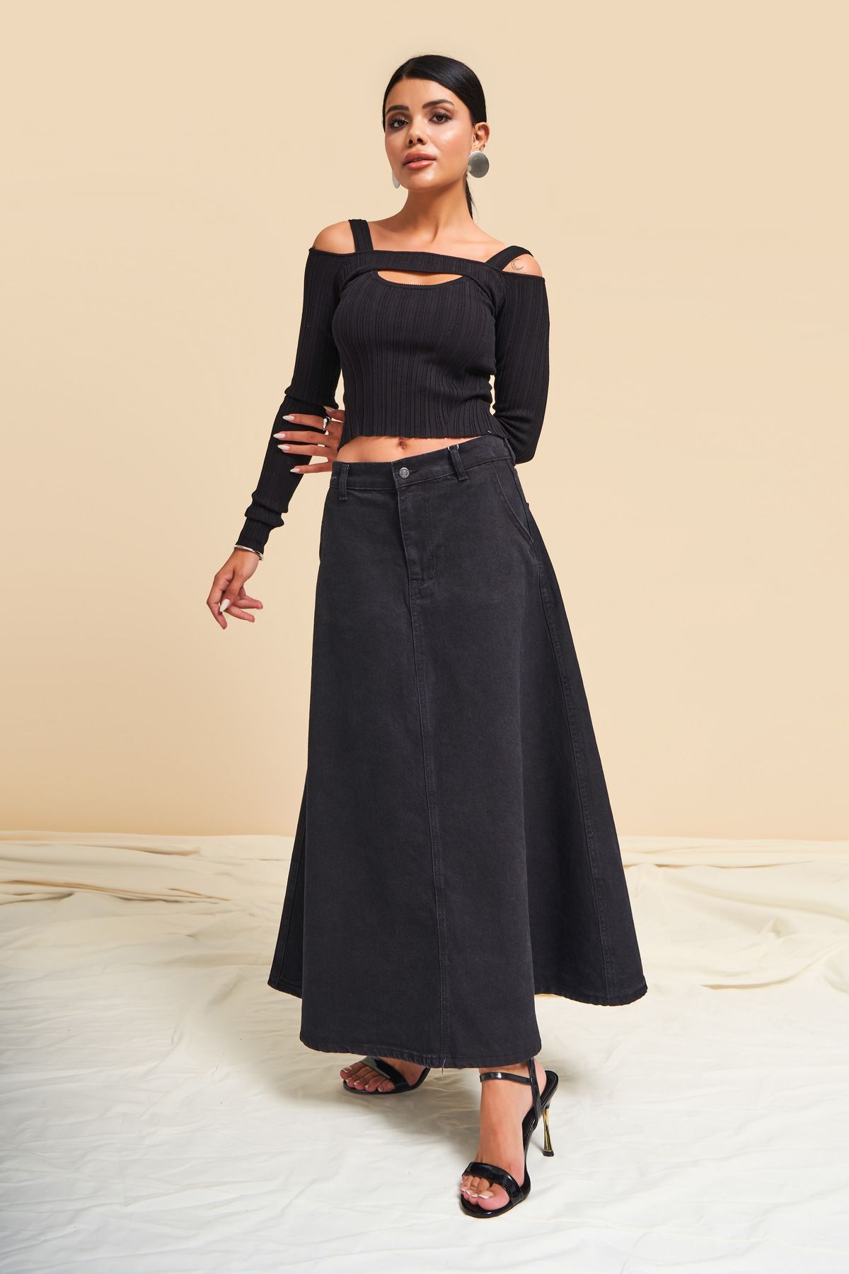 Kadın Siyah Black Od Renk A Tipi Kesim Denim Etek Kadın Siyah Black Od Renk A Tipi Kesim Denim Etek