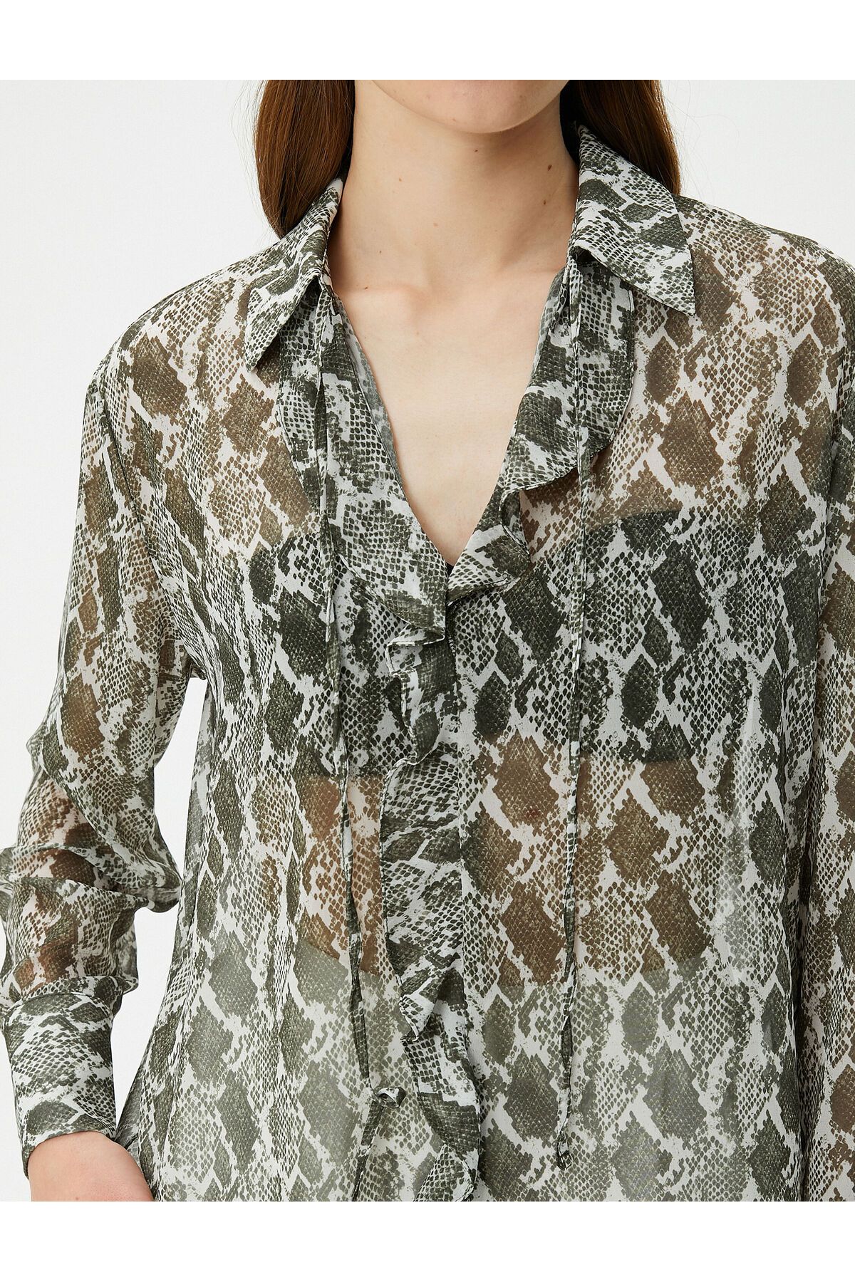 Şifon Bluz Uzun Kollu Yılan Derisi Desenli Fırfırlı