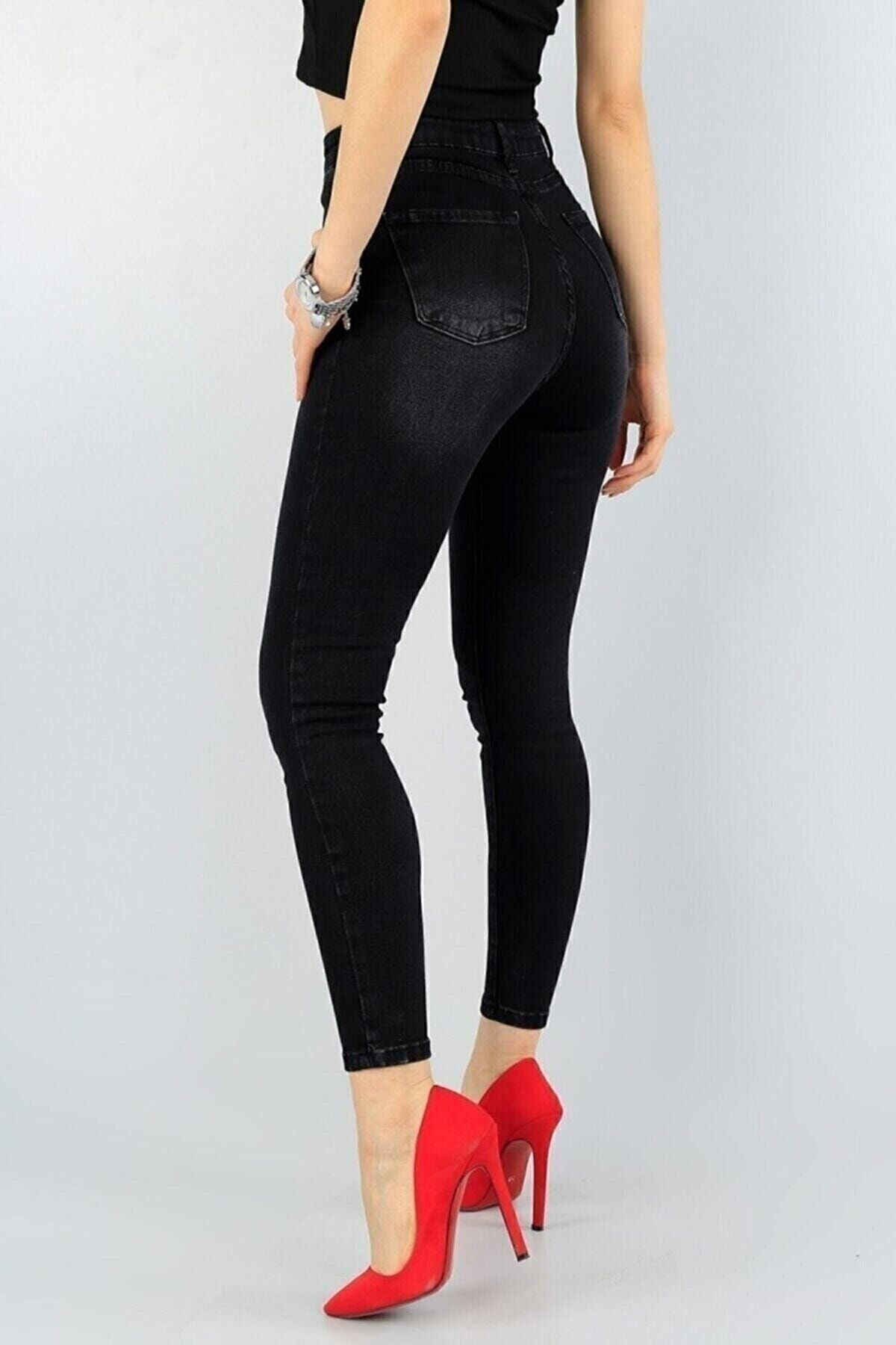 Kadın Siyah Antrasit Tırnaklı Eskitmeli Yüksel Bel Dar Paça Skinny Likralı Kot Pantalon Kadın Siyah Antrasit Tırnaklı Eskitmeli Yüksel Bel Dar Paça Skinny Likralı Kot Pantalon