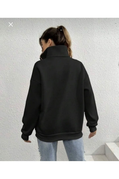Siyah Dik Yaka Yarım Fermuarlı Düz Kazak Sweatshirt Siyah Dik Yaka Yarım Fermuarlı Düz Kazak Sweatshirt
