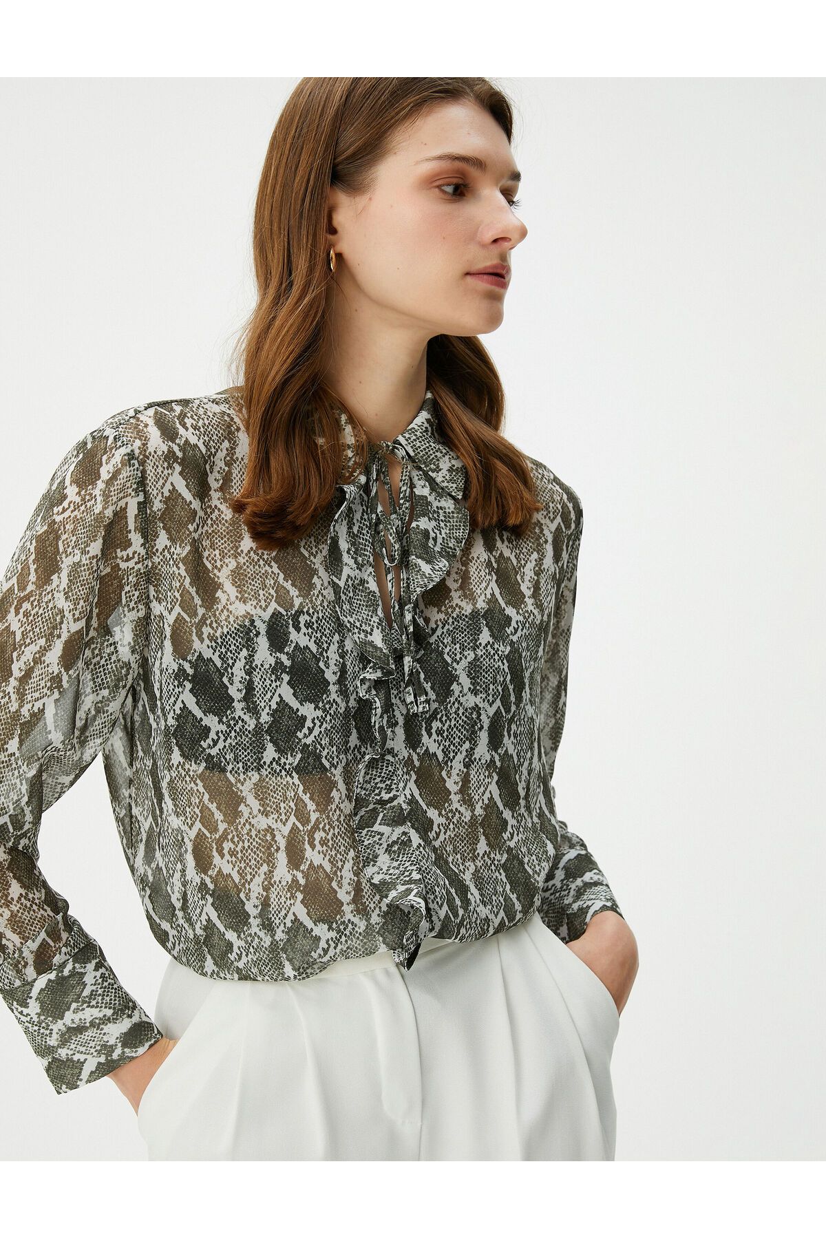 Şifon Bluz Uzun Kollu Yılan Derisi Desenli Fırfırlı
