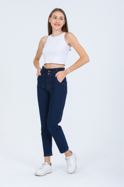 Lacivert Büyük Beden Likralı Beli Lastikli Düğme Detaylı Mom Jean Kot Pantolon Lacivert Büyük Beden Likralı Beli Lastikli Düğme Detaylı Mom Jean Kot Pantolon