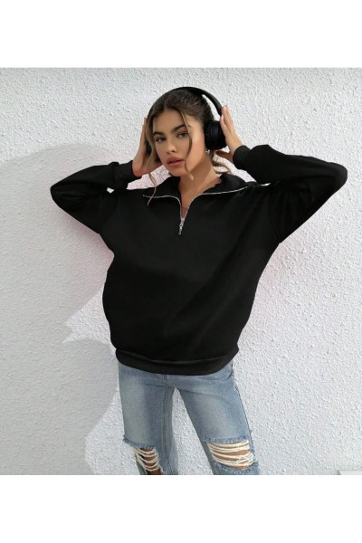 Siyah Dik Yaka Yarım Fermuarlı Düz Kazak Sweatshirt Siyah Dik Yaka Yarım Fermuarlı Düz Kazak Sweatshirt