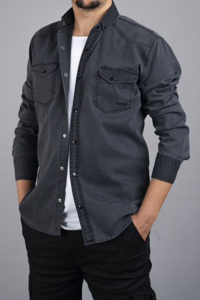 Slim Fit Erkek Pamuklu Kot Gömlek Füme Slim Fit Erkek Pamuklu Kot Gömlek Füme