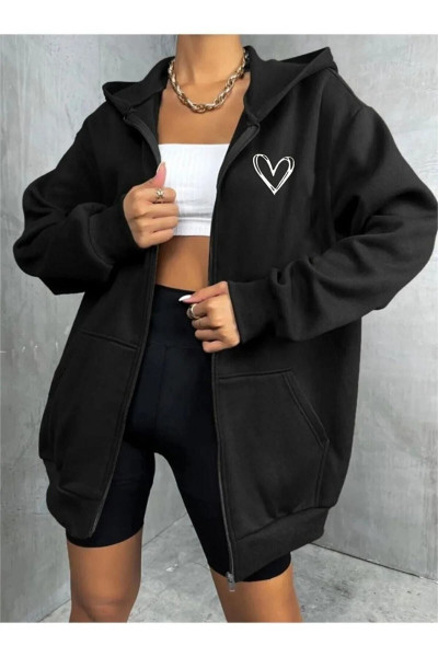Unisex 2ip Örme Kumaş Oversize Kalp Baskılı Önü Fermuarlı