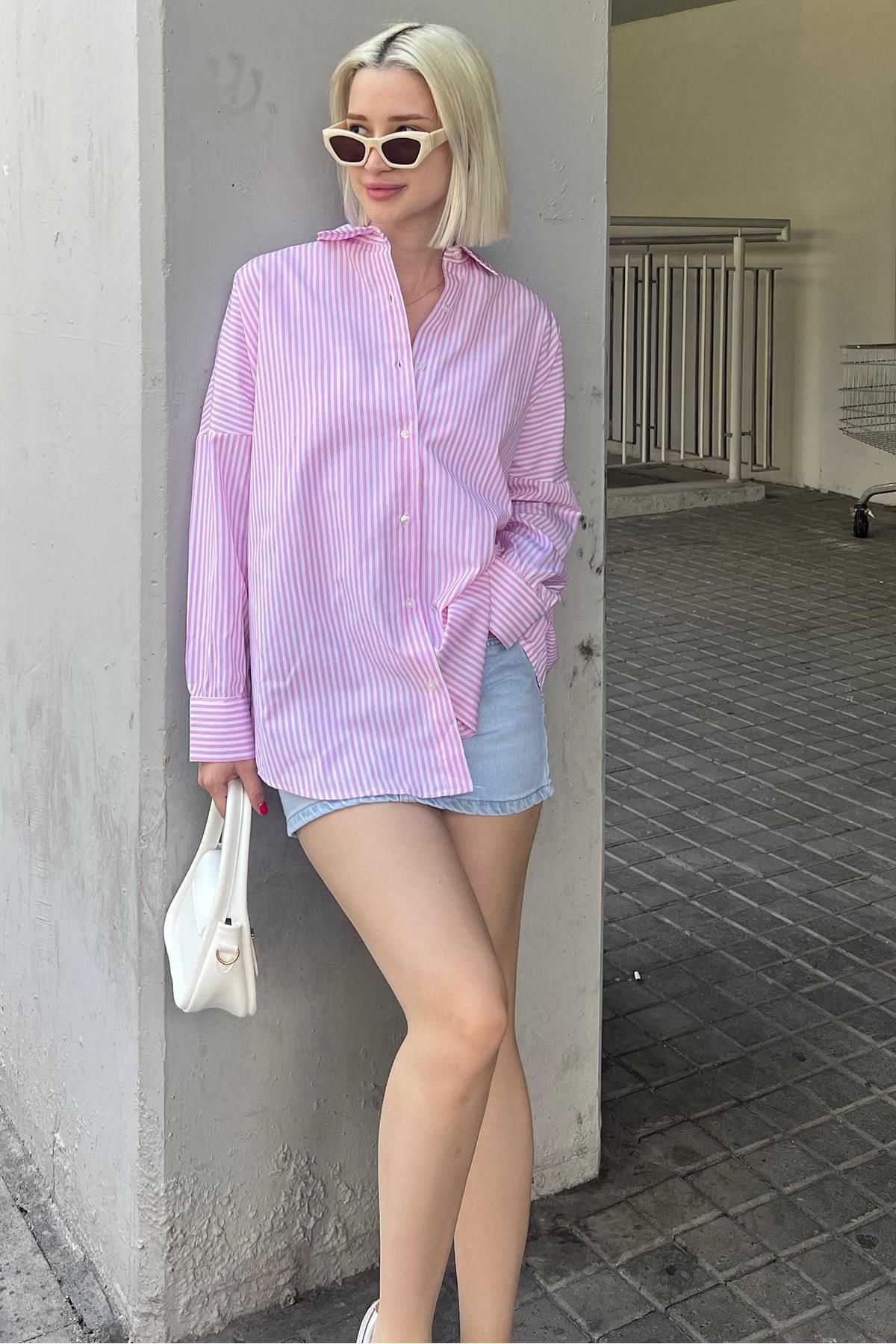Pembe Çizgili Over Fit Gömlek Mg1525