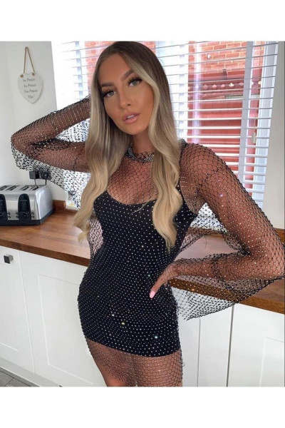 Kristal Taşlı File Elbise