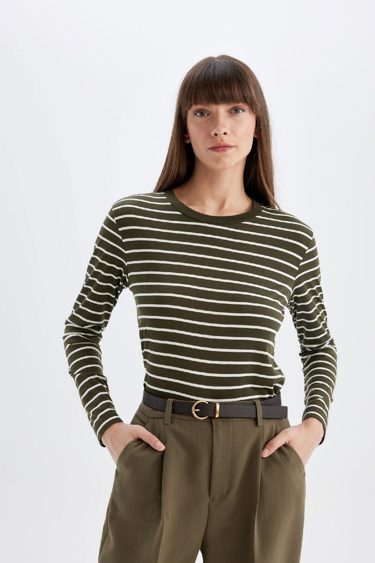 Regular Fit Bisiklet Yaka Çizgili Casual Uzun Kollu Tişört A9254ax24au
