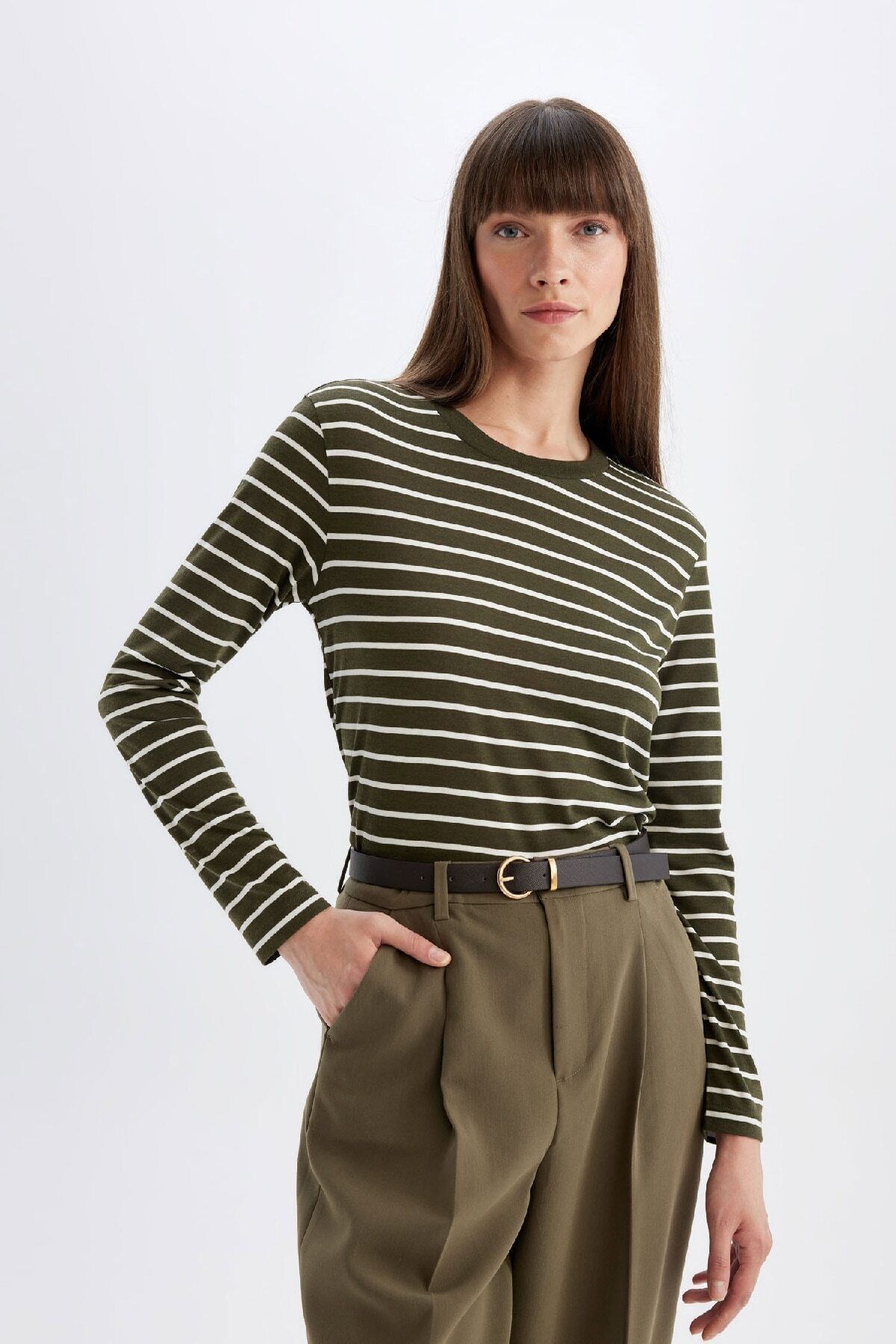 Regular Fit Bisiklet Yaka Çizgili Casual Uzun Kollu Tişört A9254ax24au
