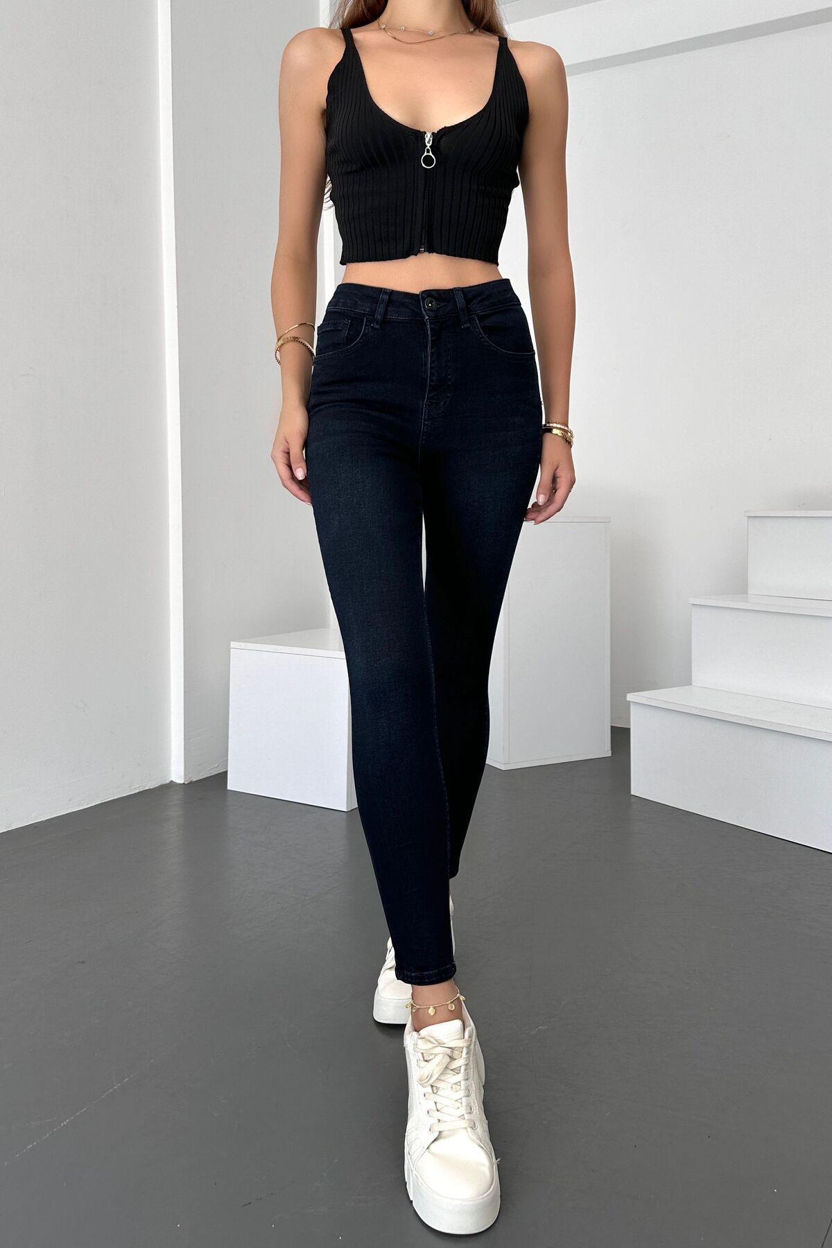 Kadın Süper Skinny Fit Esnek Likralı Yüksek Bel Denim Jean Kot Pantolon YENİJENNİE-BLUE BLACK-K Kadın Süper Skinny Fit Esnek Likralı Yüksek Bel Denim Jean Kot Pantolon YENİJENNİE-BLUE BLACK-K